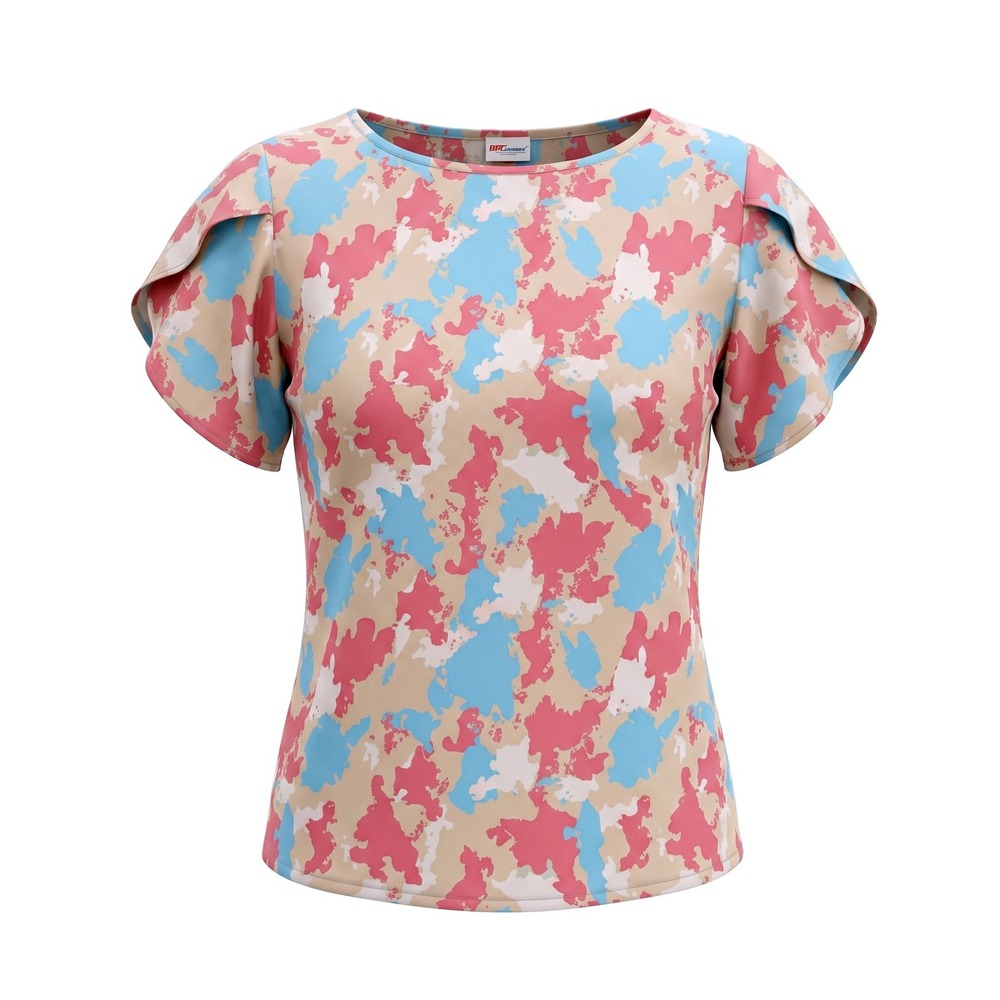 Wedani Womens XL Abstract Camo Print Flutter Sleeve Blouse Pink‎ Blue Tan Top